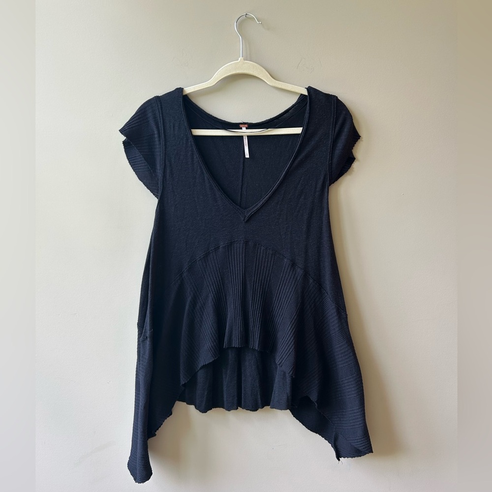 Free People Black Asymmetrical Cap Sleeve Top